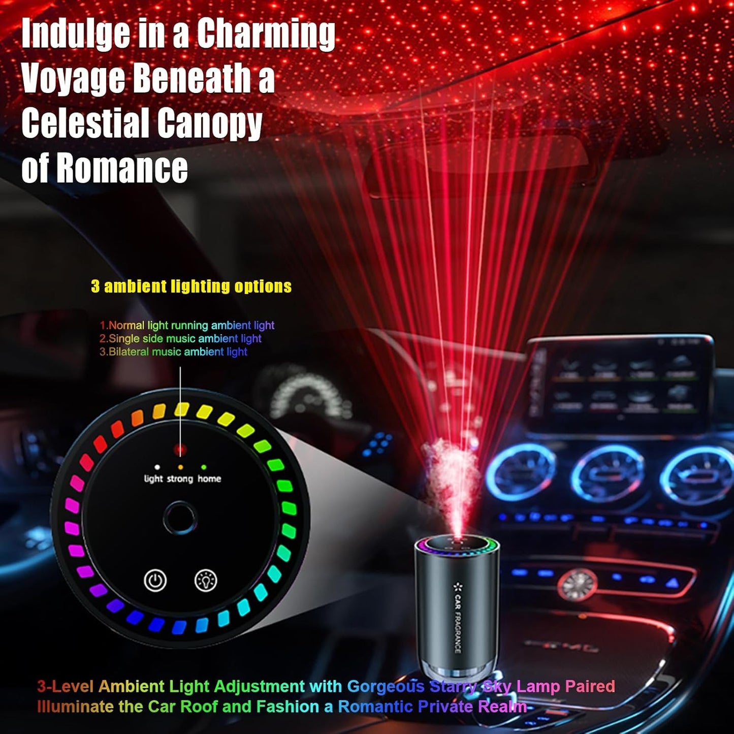 Smart Car Air Freshener Diffuser,Rechargable Automative WaterlessCar Diffuser, for Essential Oils with StarProjector, Music Rhythmic Lights