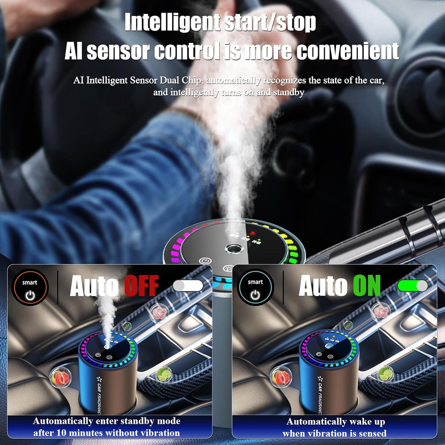 Smart Car Air Freshener Diffuser,Rechargable Automative WaterlessCar Diffuser, for Essential Oils with StarProjector, Music Rhythmic Lights