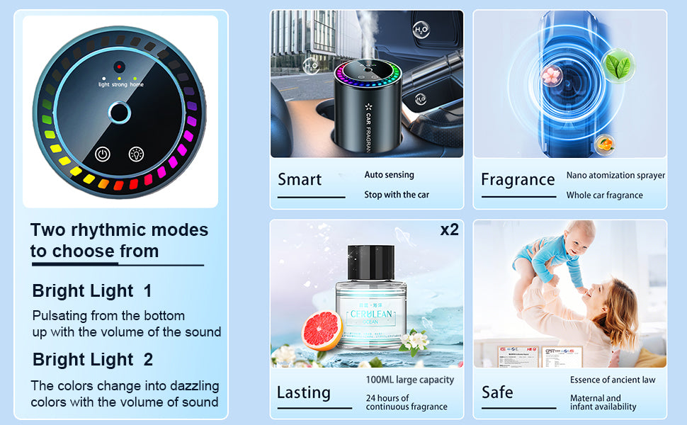 Smart Car Air Freshener Diffuser,Rechargable Automative WaterlessCar Diffuser, for Essential Oils with StarProjector, Music Rhythmic Lights